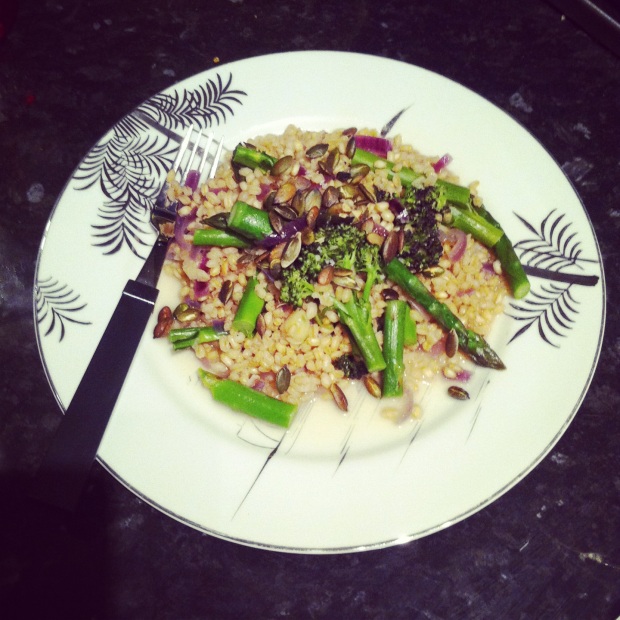 Barley risotto with asparagus and purple sprouting broccoli